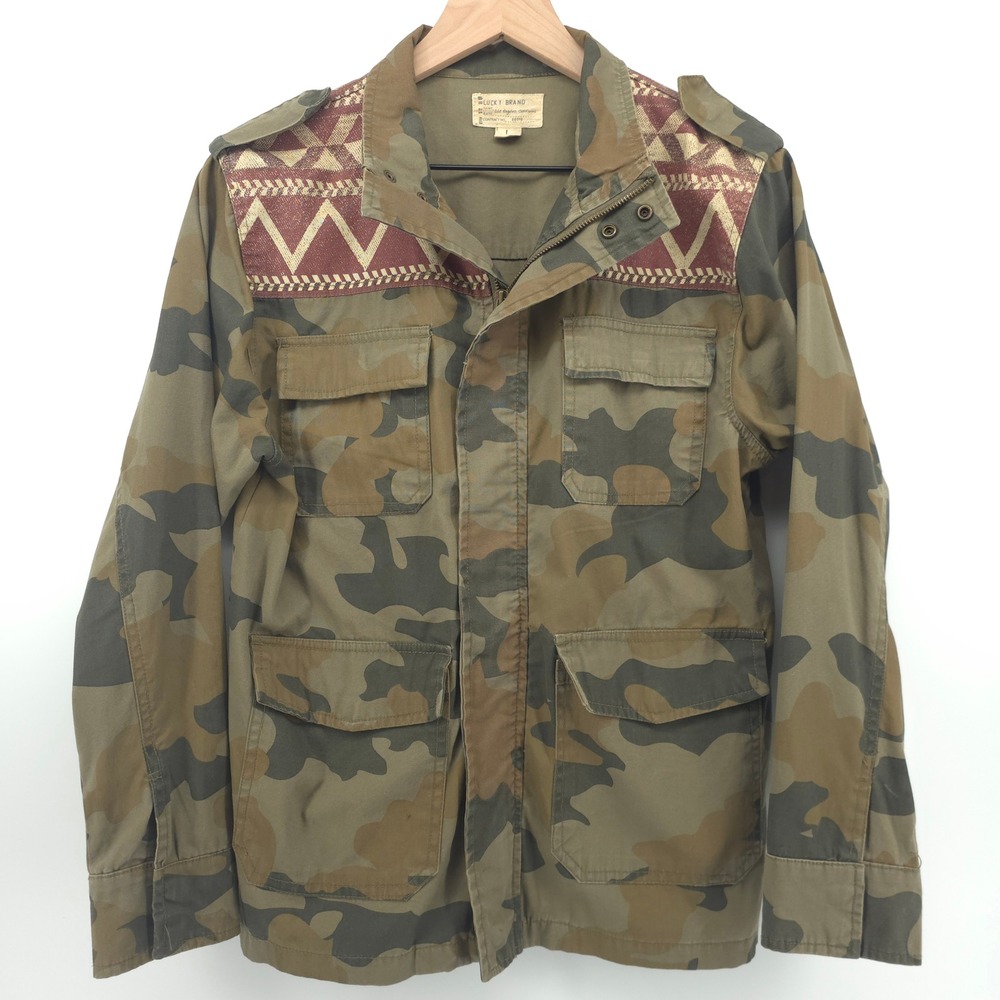 Lucky Brand Womens Utility Jacket Size L Camo Embroidered Military Field Coat